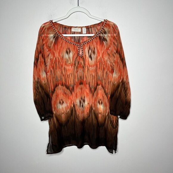 Chicos Top Womens Large Orange Sheer Beaded Chiffon 3/4 Sleeve Shirt Flowy‎ Boho - Picture 9 of 11